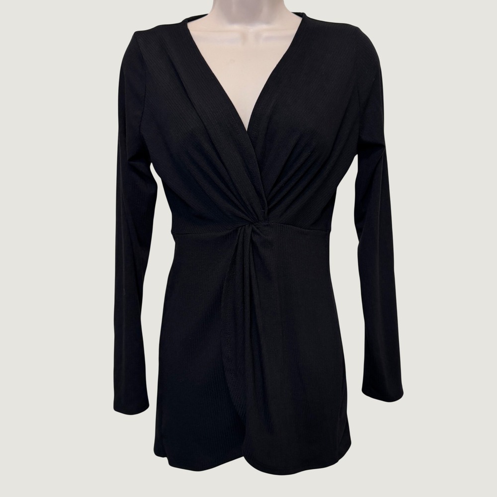 Ruby Ribbon Womens Twist Front Top S Black Ribbed V Neck Long Sleeve Minimalist